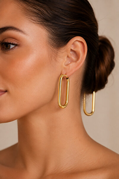 Others 18K Gold Plated Stainless Steel Rectangular Hoop Earrings for Women – ...