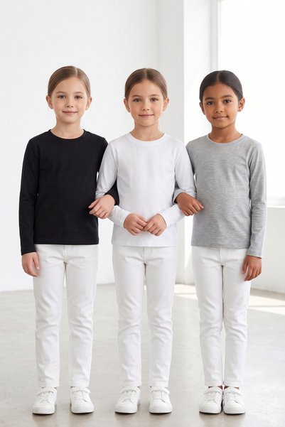 KİAGU Girls' and Boys' Basic T-Shirt Set of 3 Cotton Long Sleeve Kids' T-Shirts 2-13 Years T-Shirt