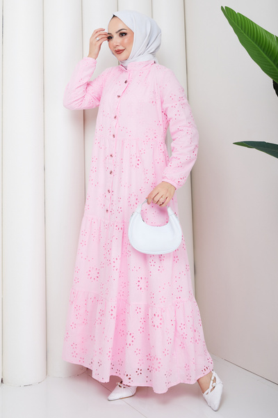 Pamuk Butik Kadın Dantel Detaylı Uzun Astarlı Brode Elbise