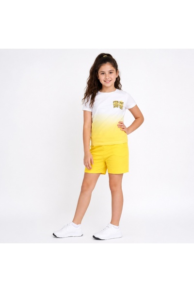 PALM PEANUTS Girls White & Yellow Gradient T-Shirt with Yellow Shorts Set | S...