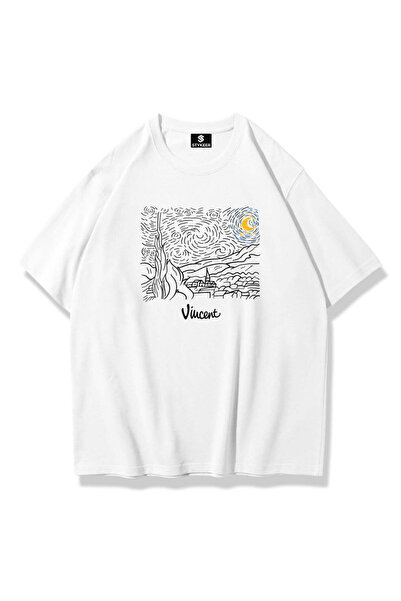 STYKEER Unisex Oversized T-Shirt "Vi̇ncent" Printed Loose Fit White T-Shirt
