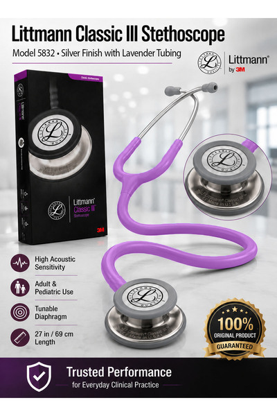 3M Littmann Classic III Monitoring Stethoscope Model 5832 Silver-Finish Dual-...