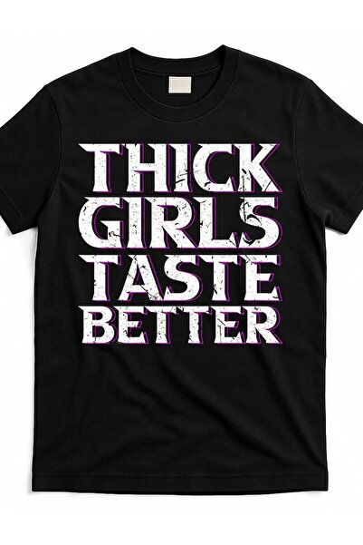 Astogria13 تي شيرت بطباعة "THICK GIRLS TASTE BETTER" باللون الأبيض مع نسيج مت...