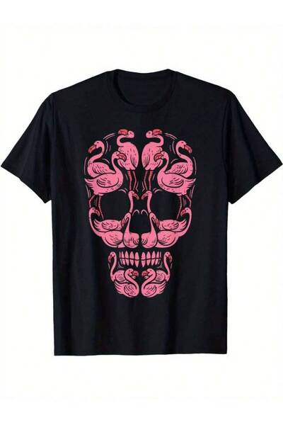 01THEONE Stylized Skull With Pink Flamingos Graphic Black T-Shirt - Eye-Catch...