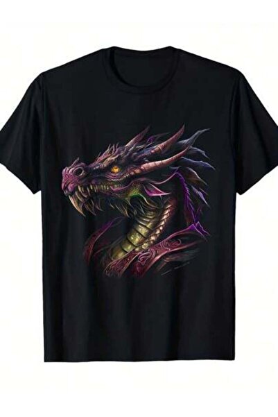 KYMC07 Retro Graphic T-Shirt - Purple Fantasy Art Short Sleeve Tee With Drago...