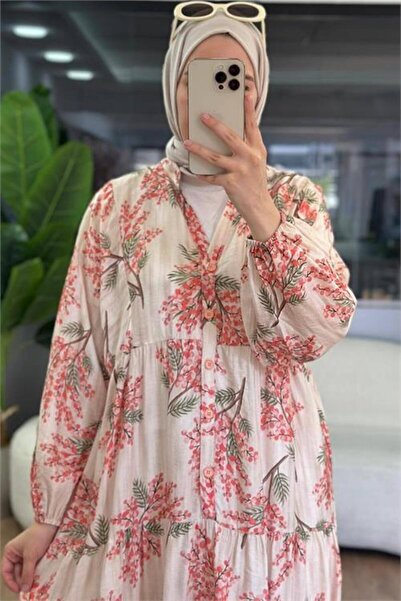 Neşeli Butik kadın pembe hakim yaka düğmeli viskon çiçek desenli tesettür elbise NMS099