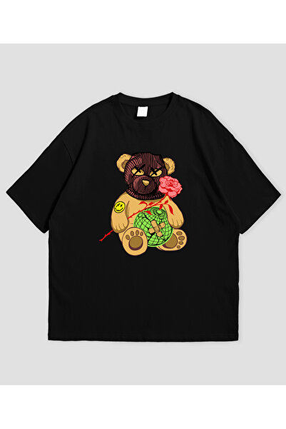 Grafftee Clothing Rose Bear Printed Unisex Oversize T-Shirt