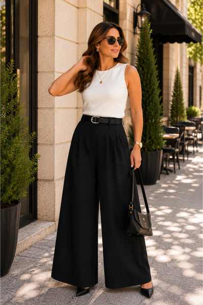 Kokosh moda Timeless Elegance – Women's High-Waisted Black Belted Wide-Leg Do...