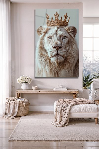 BestSanat Taçlı Beyaz Aslan Cam Tablo