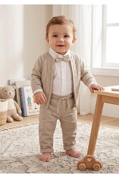 Efemkids Cardigan+Bow Tie+Linen Pants 3-Piece Baby Boy Suit with Elastic Wais...