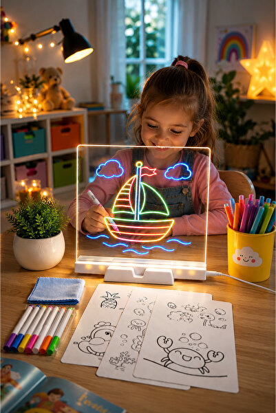 SYN AKSESUAR 20x20 cm LED Işıklı Çizim ve Boyama Tahtası – Eğitici Çocuk Çizi...