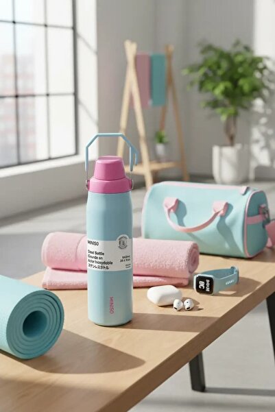 Miniso Lisanslı Saplı Paslanmaz Çelik Şişe 840 mL – Çift Katmanlı Açık Mavi