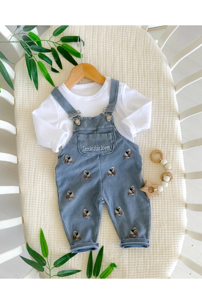 hümabebe Little Dog Lover Knitted Denim Fabric Salopet Seasonal 2 Piece Set