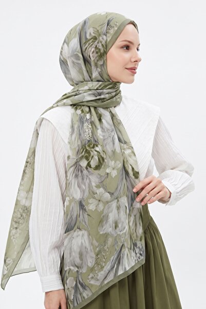 InStyle Çiçek Desen Dijital Bambu Kraş Şal - Haki