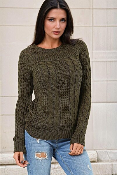 Moda4x4 Women's Clothing Khaki Round Neck, Knitted Pattern, Knitwear Sweater