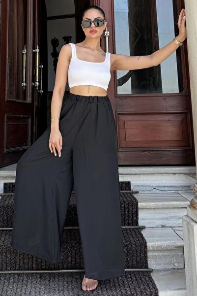 Moda4x4 Women's Clothing Black Elastic Waist, Pockets, Wide Legs, Loose Crepe...