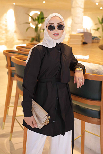 İmajButik Siyah Ön Detaylı Bel Bağlamalı Gömlek