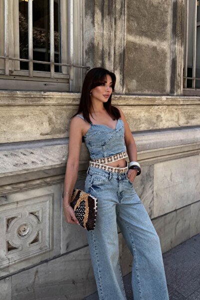 lidyasara Etnik Şeritli Denim Büstiyer