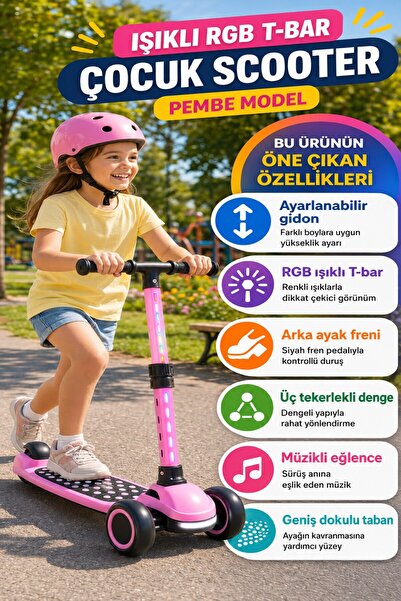 OpenCity Pembe Speedx WX-817 RGB Işıklı Müzikli Çocuk Scooter Ayarlanabilir A...