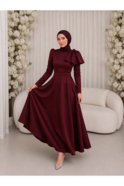 By Atelier LİNA Bordo Omzu Kurdale Detaylı Çıkarılabilir Kemerli Kloş Uzun Ab...