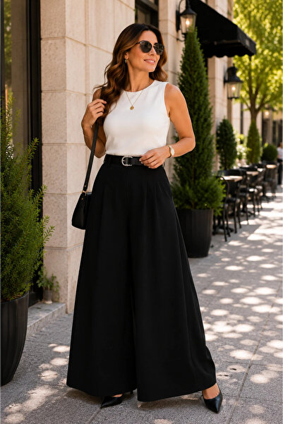 moda wanilia Modern and Stylish Women's High Waist Belted Double Fabric Palaz...