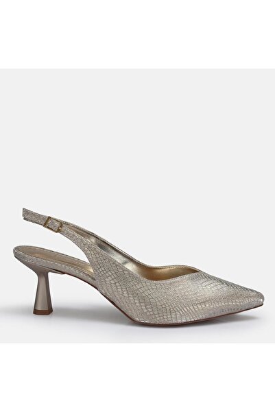 37Numara Large Size Gold Crocodile Patterned Open-Back Goblet Heeled Stiletto