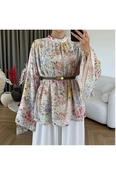MODA S&S BZLİNE Hakim yaka kabartmalı çiçek desenli yarasa kol gömlek