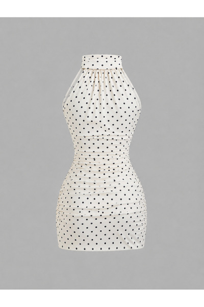 poswicon White Dress with Polka Dots, Halter Neck, Gathered, Stylish