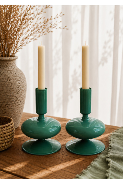 Homeconceptus 2'li Set Dekoratif Üfleme Cam Şamdan 9x13 cm - Zarif Cam Mumluk