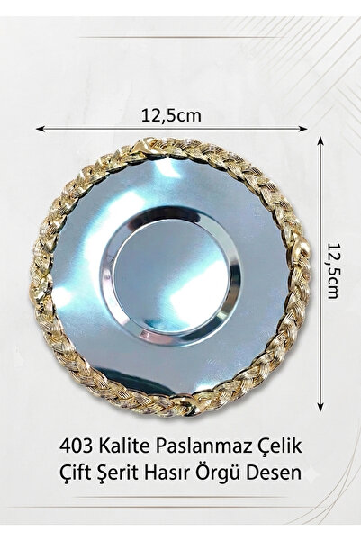 Simply Now Paslanmaz Çelik 6Lı Gümüş Çay Tabağı- Çift Şerit Gold Hasır Örgü Ç...