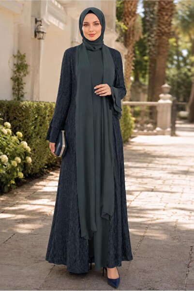 TRENDTESETTÜR KADIN GRİ (ANTRESİT) ELBİSELİ ABAYA TAKIMI T 8089