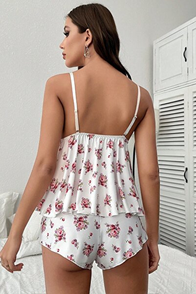 Merry See İnce Askılı Çiçekli Dantel Detay Şortlu Pijama Takım Gecelik