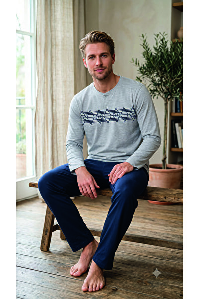 Ayans Pijama Combed Cotton Single Jersey (Thin) Long Sleeve Men's Pajama Set
