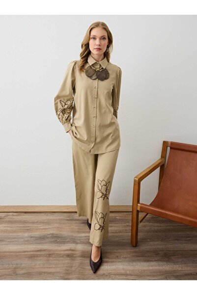 Refka Embroidery Detailed Shirt & Trousers Linen Set - Dark Beige -