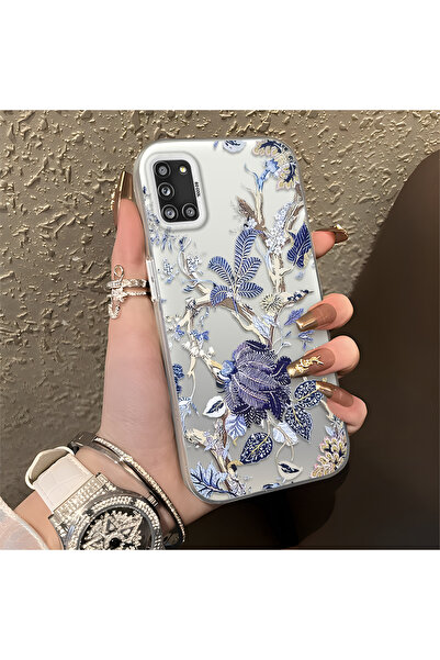 ARTISHELL Samsung Galaxy A31 Uyumlu Mavi Botanik Kuş Çiçek Deseni Darbeye Day...