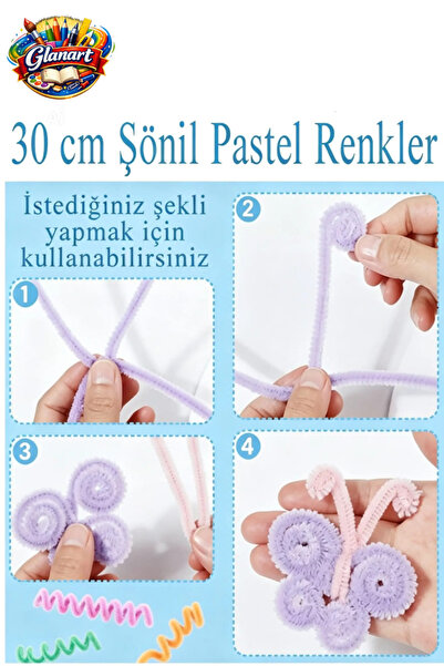 Glanart 25 adet 30 cm pastel renkler şönil, tüylü tel el işi okul projeleri için