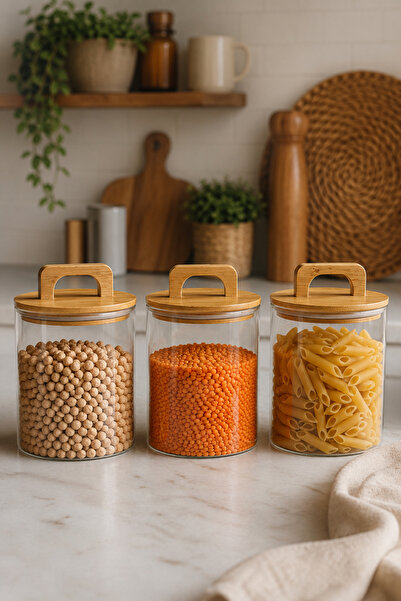 Fhilli Aria- 3-Piece Borosilicate Jar with Bamboo Lid 600 ml Flat