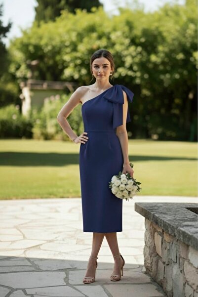 ENDAMIM One-Shoulder Midi Mermaid Evening Dress Strapless Look Slit Wedding P...