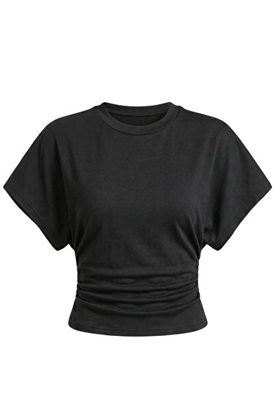 GENIUS STORE Women's Bat Sleeve Blouse Basic Waist-Seat Crop Blouse