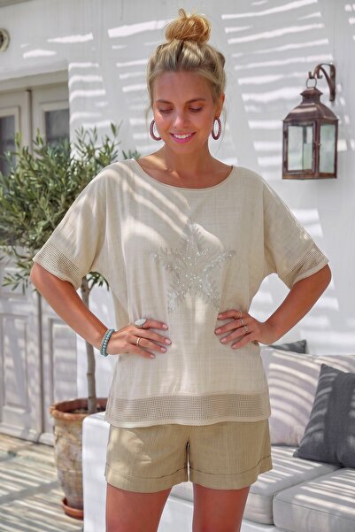 Chiccy Beige Pool Collar Short Sleeve Sequined Sleeves and Hem with Mesh Deta...