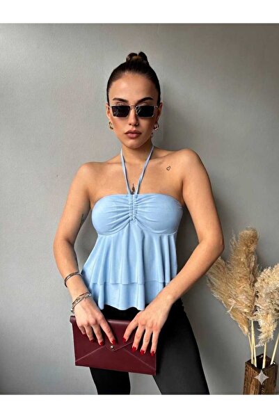 Biber Collection Kadın Göğüs Gloplu Boyundan Bağlamalı Büzgülü Bluz