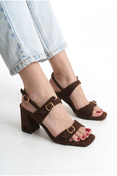Shoesers Women's Thick Heeled Three Buckle Double Strap Bitter Brown Suede Sa...