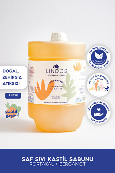 Lindos Saf Sıvı Kastil Sabunu - Portakal & Bergamot - 5 L