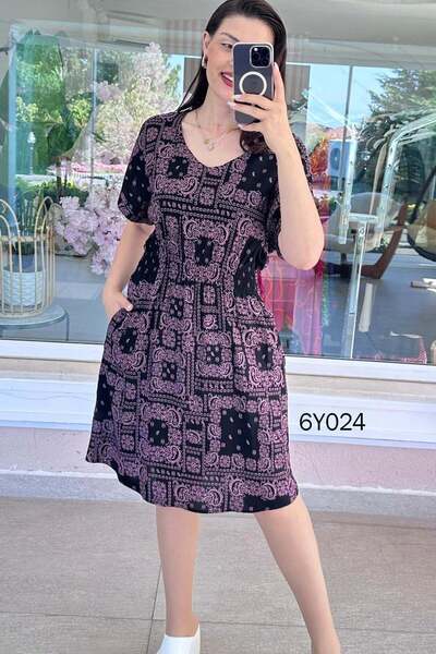 İnce Topuk V-Neck Gipeli Viscose Dress 6Y024