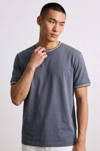 BARRELS AND OIL Men's Striped Collar and Cuff Crew Neck T-Shirt - Indigo