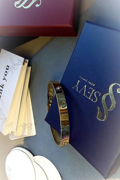 Vidalı Zirkon Taşlı Kelepçe Paslanmaz Çelik Bileklik Kadın, Gold Bangle, Hediye Kutulu, Hediyelik