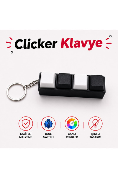 Siyah-Beyaz 4 Tuşlu Blue Switch Clicker Stres Atıcı Klavye Anahtarlık Yedek Kapaklı