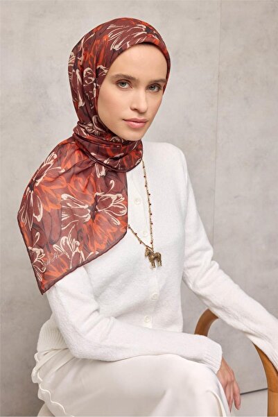 Silk Home Cotton Polyester Scarf Brown-Orange Beige Black Botanical Patterned...