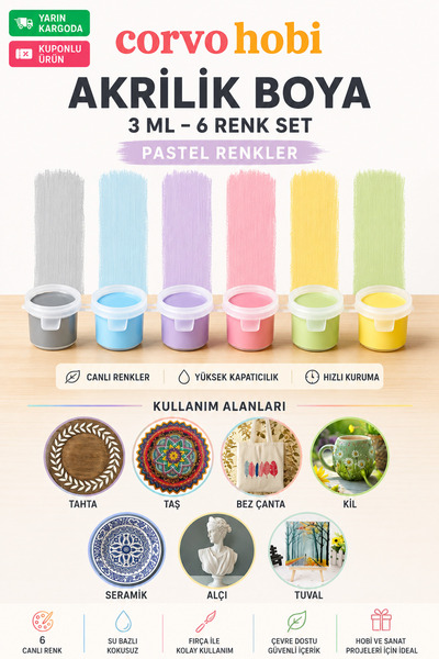 corvo hobi Akrilik Boya Chalky Renk 3ml (6 Renk) Pastel Renkler Rich Akrilik ...