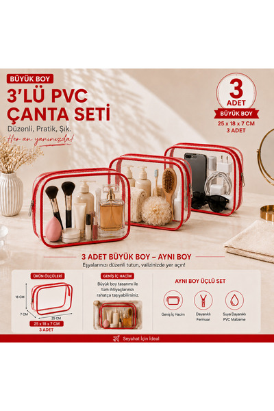 MODEL 3’lü Büyük Boy Su Geçirmez PVC Kozmetik Çantası Seti | Makyaj Organizer...